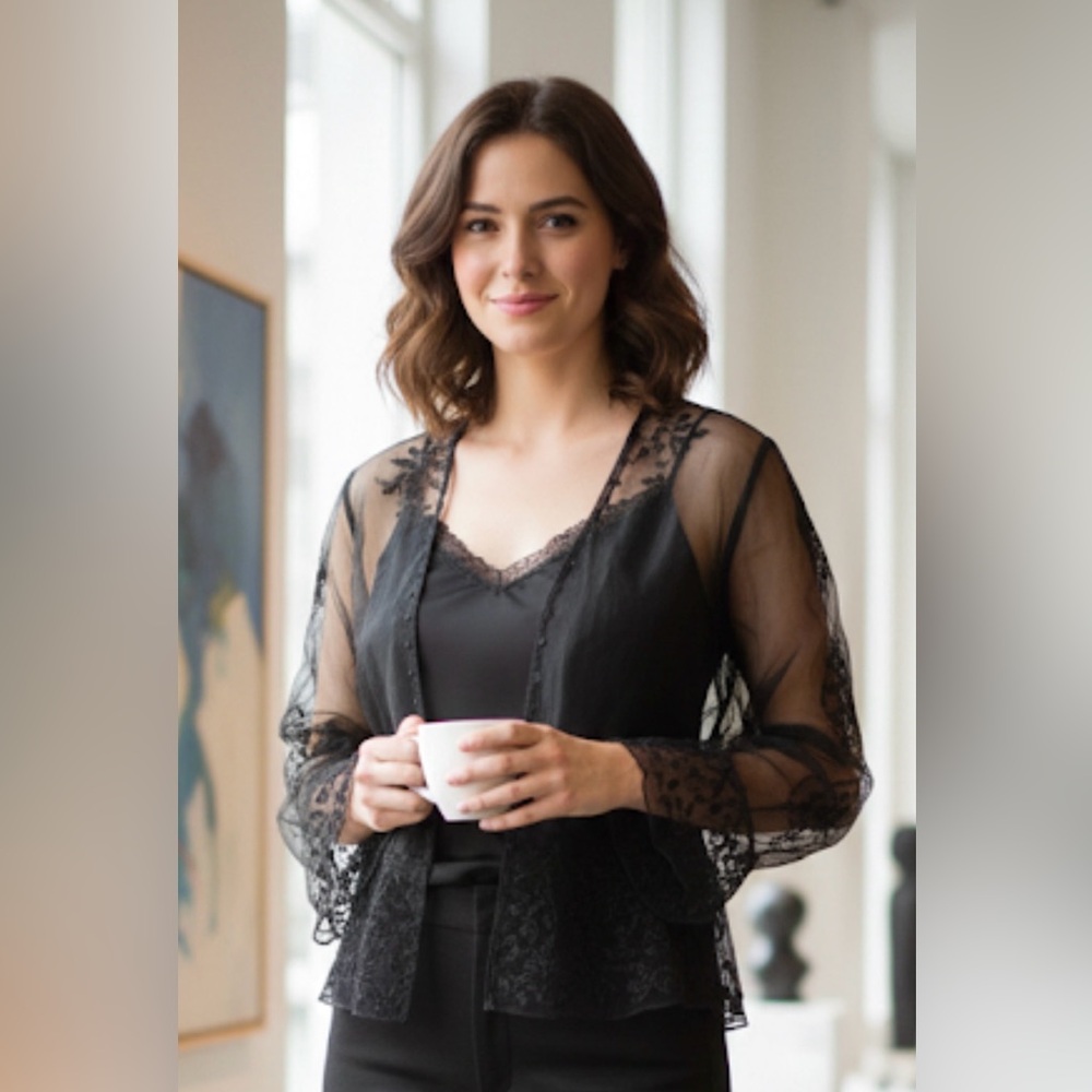 Adrianna Papell Embellished Black Sheer Nylon Top Blouse PM